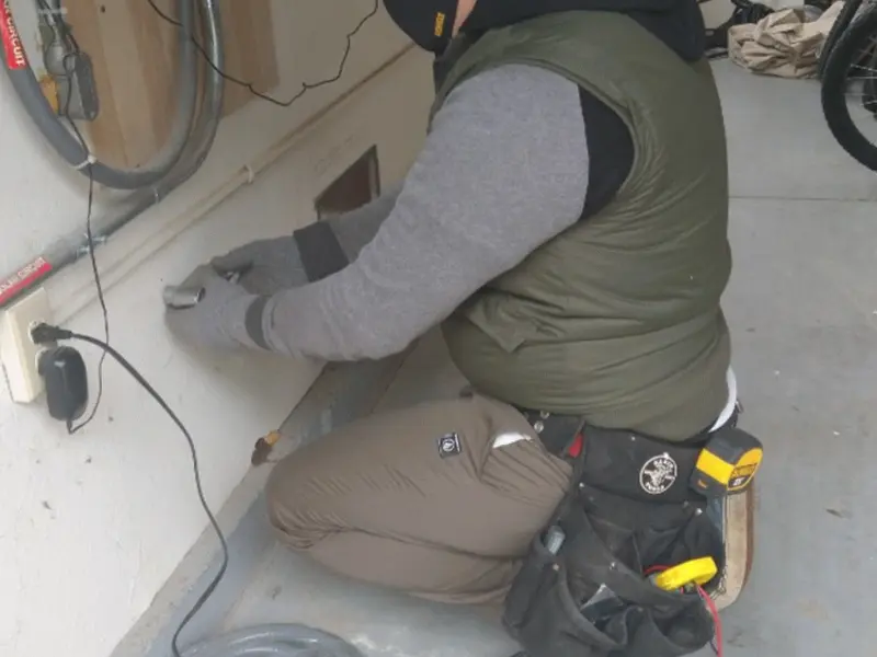 Electrician performing outlet wiring in a Zapata garage
